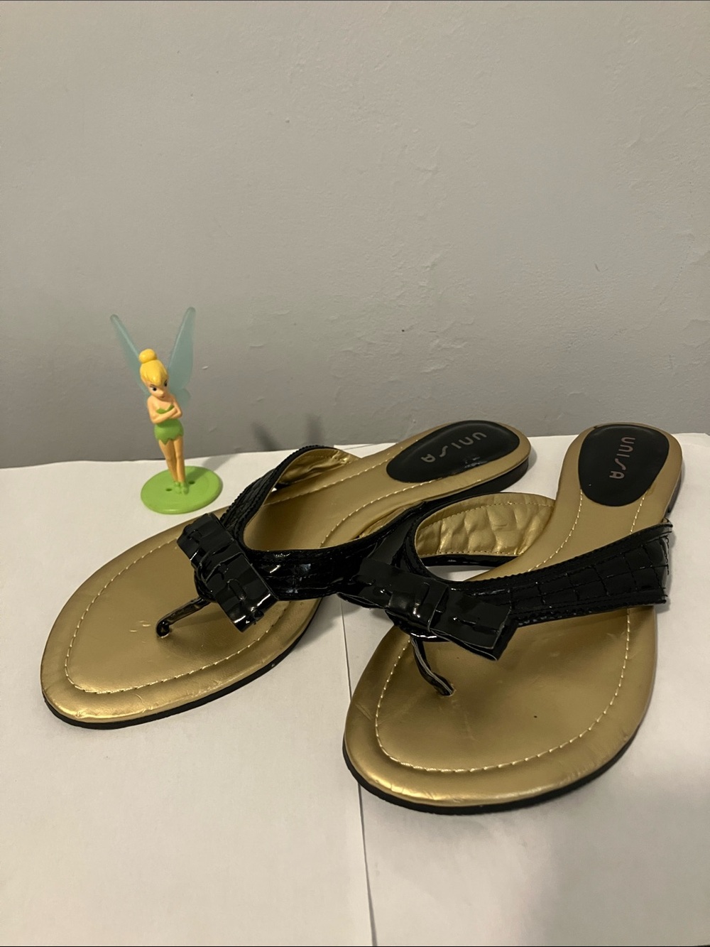 Unisa Black Patent Bow Thong Sandals with Gold Footbed